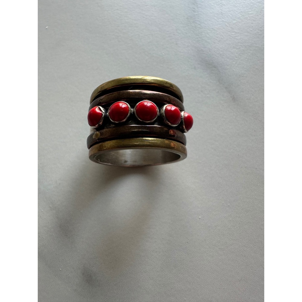 Sterling Silver Mixed Metal Spinner Ring Red Stone Boho Meditation Band Size 9.5